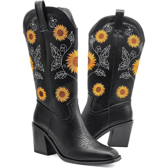 Nzzoo Western Boots Women Black Cowboy Wide Mid Calf Cowgirl Shoes - Picture 1 of 7